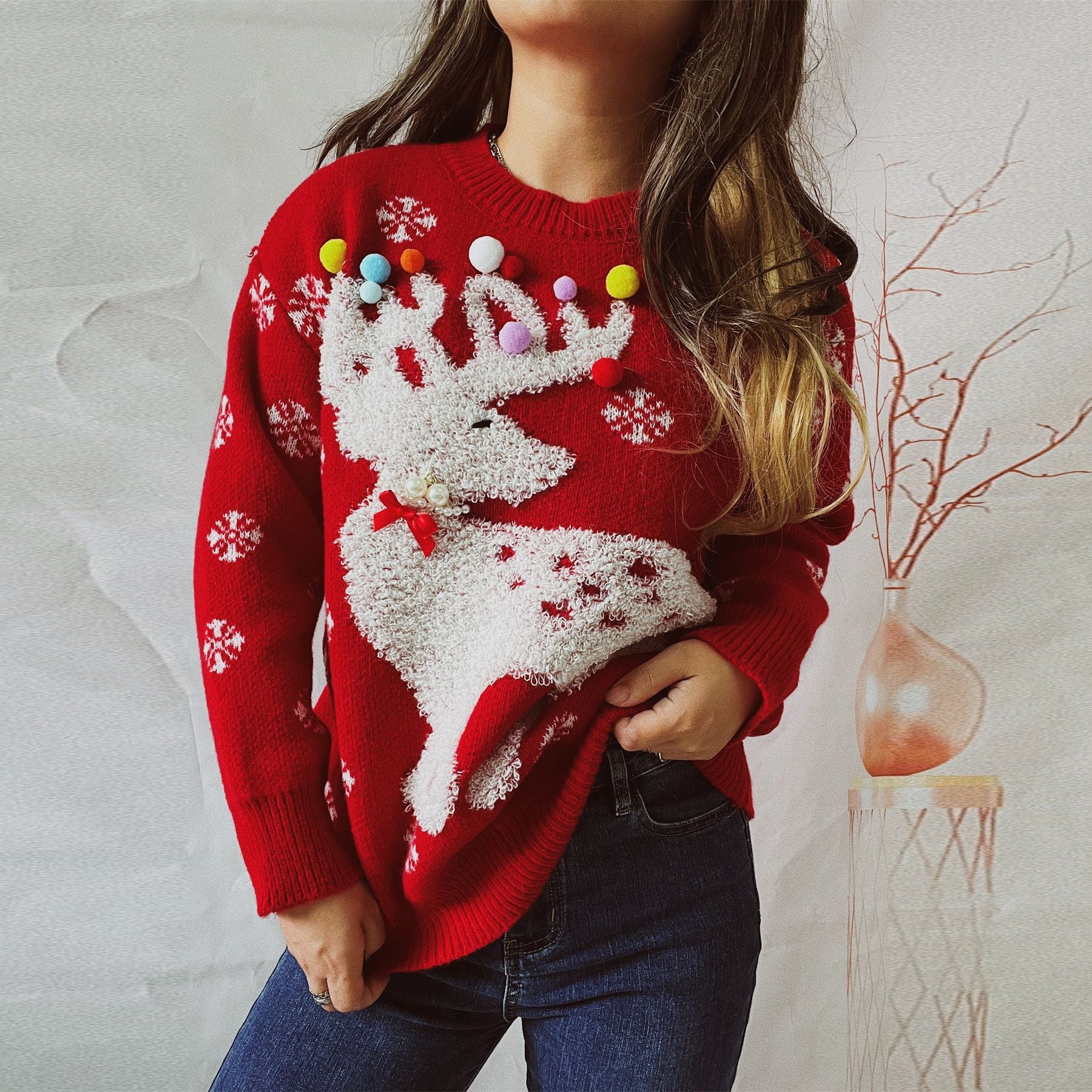 Elk Flocking Jacquard Handmade Pearl Colorful Ball Decorative Knitted Christmas Sweater Pullover