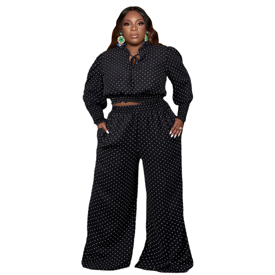 Plus Size Sexy Women Wear Polka Dot Smocking Lace-up Wide-Leg Pants Two-Piece Set