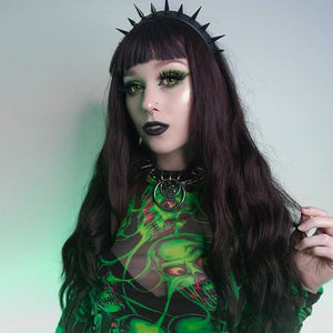 Dark Skull Random Printed Mesh Round Neck Long Sleeve Top Women Clothing