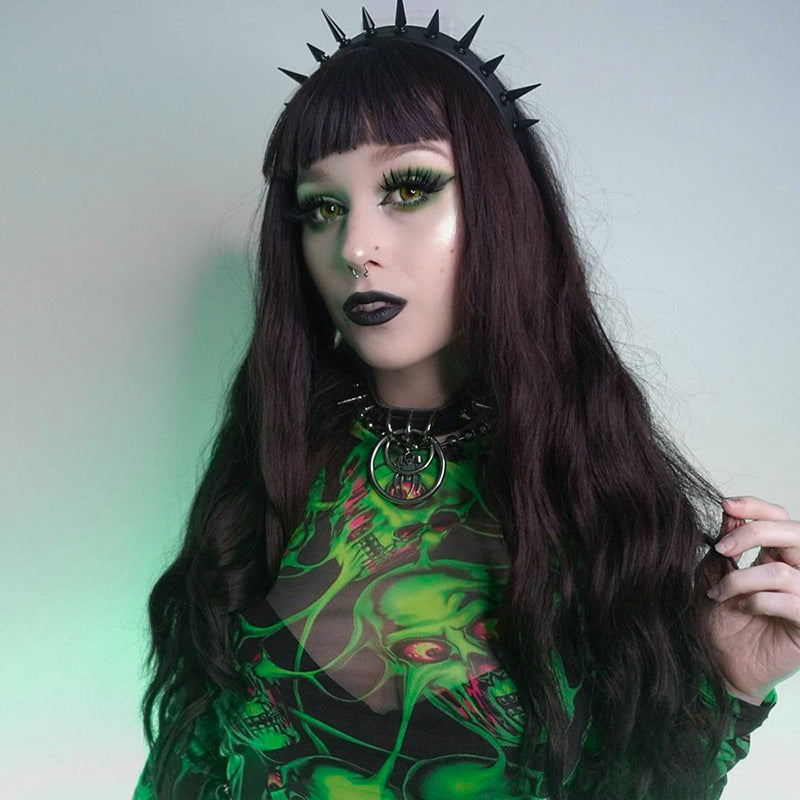 Dark Skull Random Printed Mesh Round Neck Long Sleeve Top Women Clothing