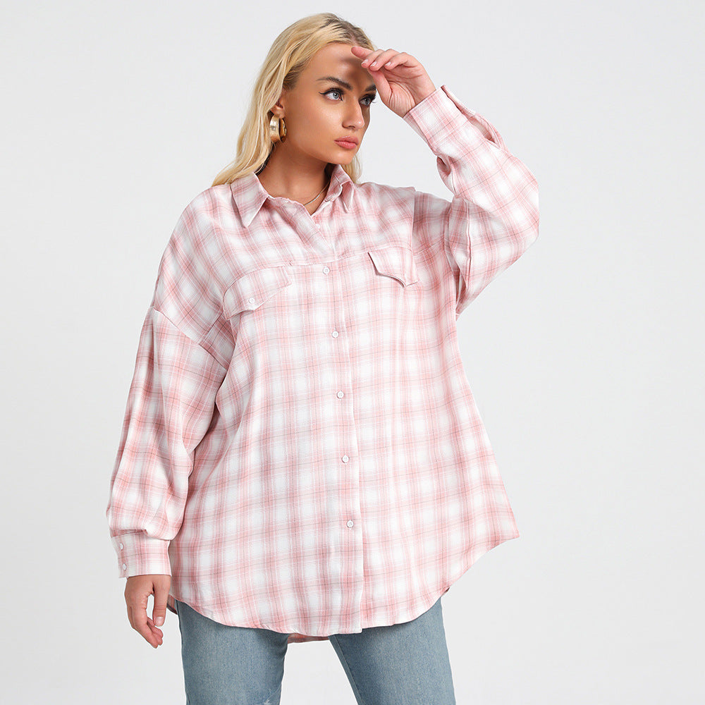 Plus Size Autumn New Polo Collar Long Sleeve Plaid Loose Oversized Shirt Women Clothing