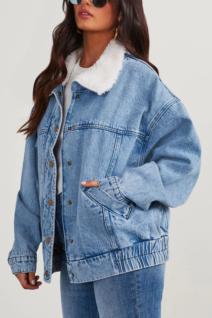 Ladies Fall Winter Jacket Denim Cotton Loose Fur Collar Large Collared Double Pocket Polo Line Coat