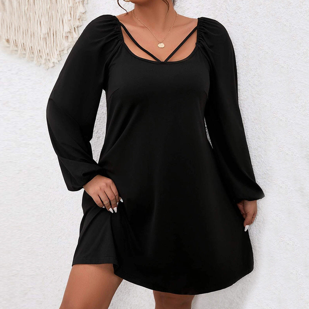 plus Size Women Clothes Autumn Winter Waist A line Dress Puff Sleeve Square Collar Elegant Dress