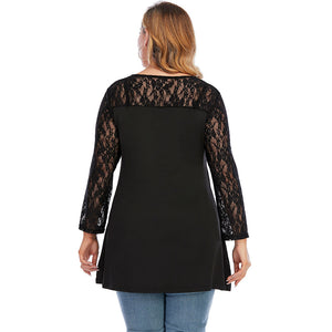 Plus Size Spring Ladies Oversized Knit Lace Stitching Long Sleeve V Neck Backless Casual T Shirt