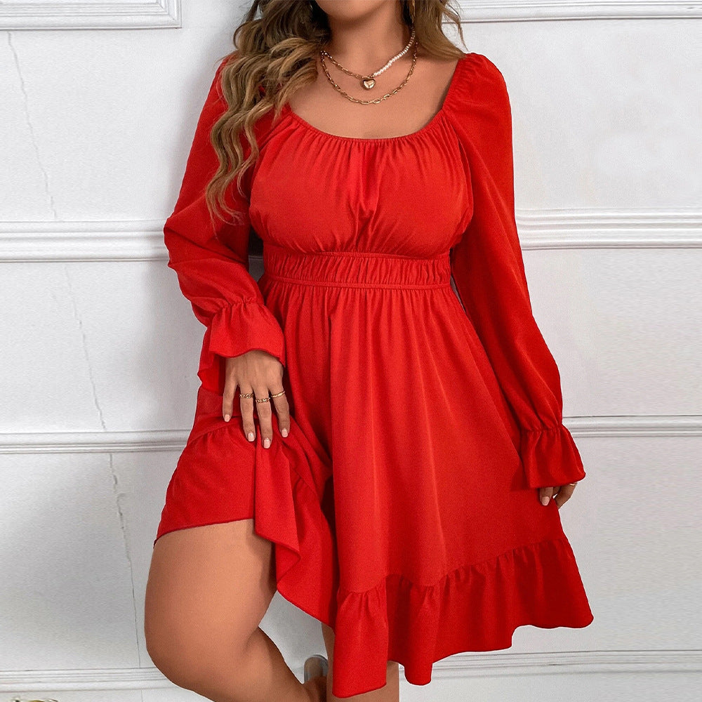 plus Size Women Clothes Autumn Winter Square Neck Cinched Wide Hem Long Sleeve Elegant Dress