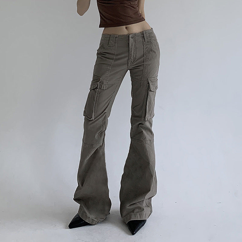 Autumn Winter Fashionable Street Low Waist Bootcut Trousers Lines Split Pocket Patchwork Cargo Pants Trousers