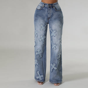 Vintage Washed Denim Tassel Cross Hip Hop Straight Leg Trousers