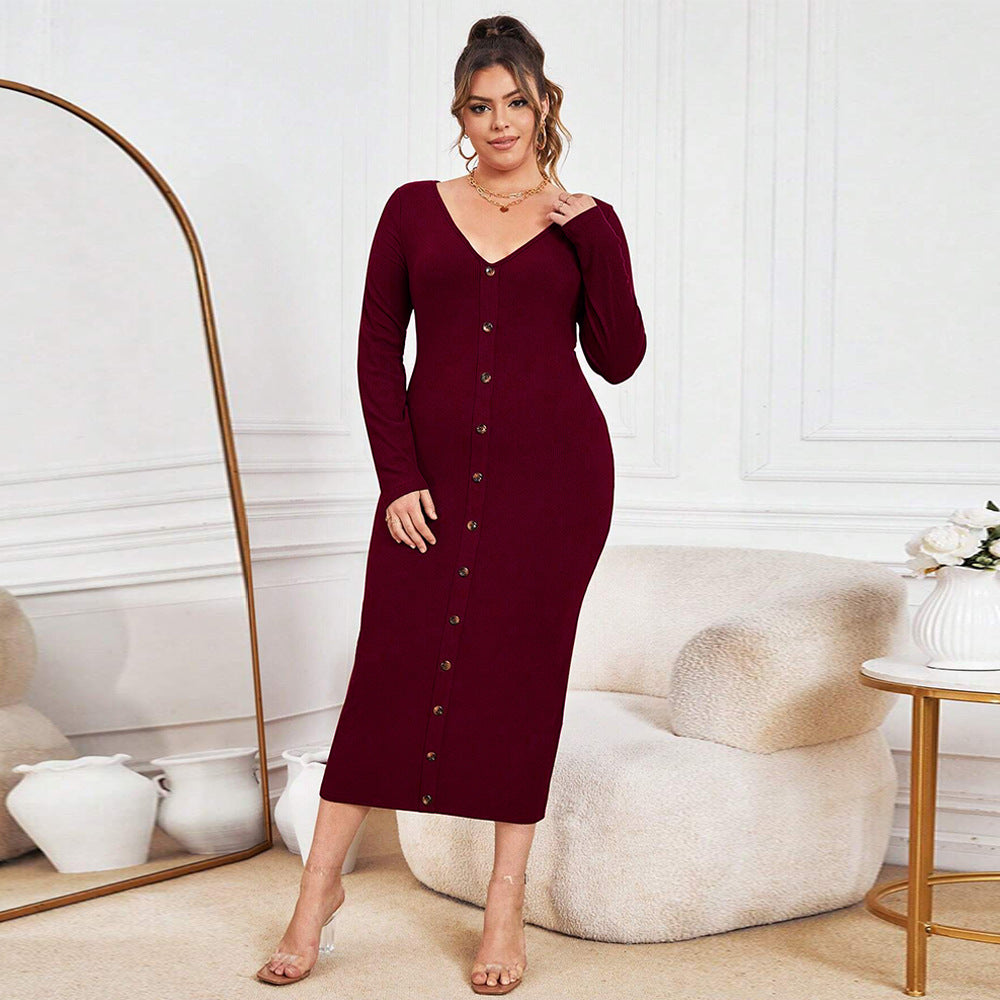plus Size Women Clothes Autumn Winter Slim Sheath Knitted Dress Sexy V neck Maxi Dress
