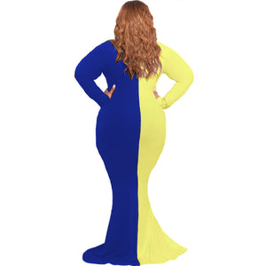 Plus Size Plus Size Color Contrast Patchwork V-neck Slim-Fit Long Sleeve Women Maxi Dress