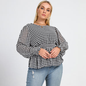 Plus Size New Black White Plaid Printed round Neck Waist Fashion Office Shirt