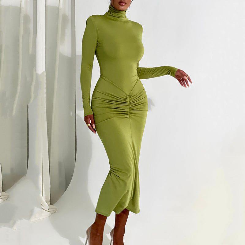 Autumn Winter Half High Collar Long Sleeves Dress Sexy Elegant Bodycon Maxi Dress for Women