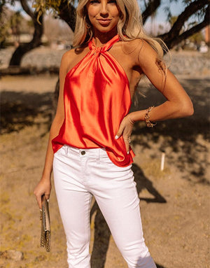 Women Clothing T-shirt New Slim Summer V-neck Sleeveless Satin T-shirt Women Top