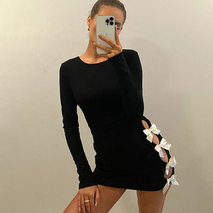 Women Clothing Autumn Winter Long Sleeve Slim Fit Bow Hollow Out Cutout Dress