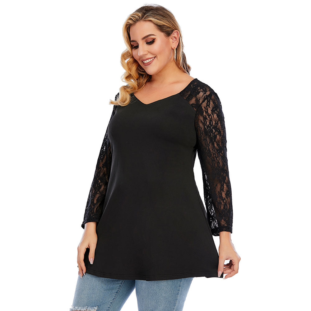 Plus Size Spring Ladies Oversized Knit Lace Stitching Long Sleeve V Neck Backless Casual T Shirt