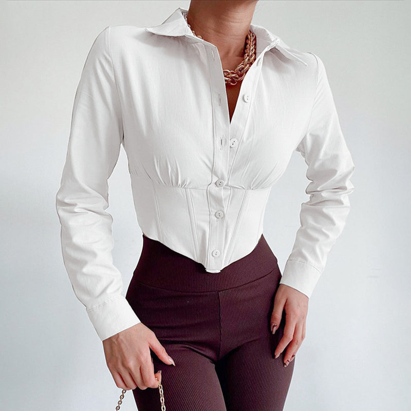 White High Waist Blouse Workplace Office Sexy Top Niche Design Shirt Women Clothing