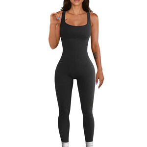 Summer Sexy Women Yoga Jumpsuit Ribbed Square Collar Sleeveless Sports Jumpsuit Trousers