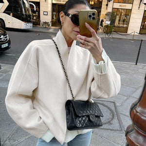 Autumn Winter Long Sleeve V neck Woolen Coat Short Loose Commuting Idle Women