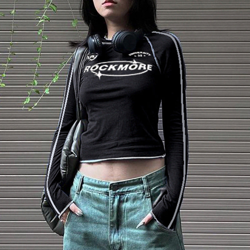 Locomotive Letter Graphic Printing Bright Line Reverse Car Thin Long Sleeve T shirt Early Autumn Slim Fit Knitted Top