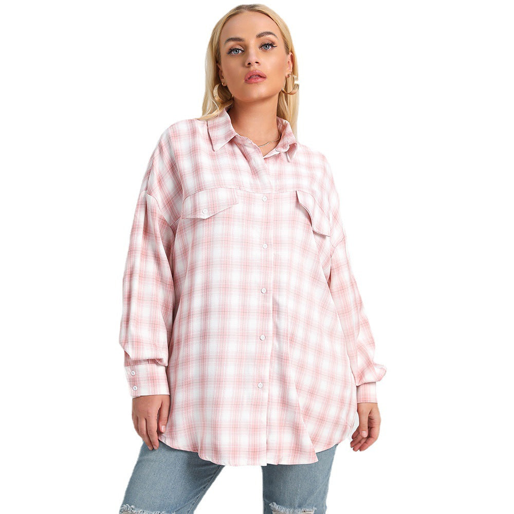 Plus Size Autumn New Polo Collar Long Sleeve Plaid Loose Oversized Shirt Women Clothing