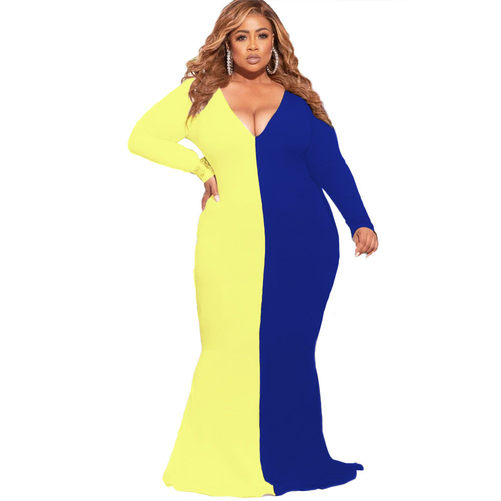 Plus Size Plus Size Color Contrast Patchwork V-neck Slim-Fit Long Sleeve Women Maxi Dress