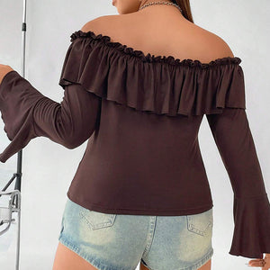 Plus Size Women Clothes Autumn Winter Ruffled Bell Sleeve Slim Elegant Boat Neck Top