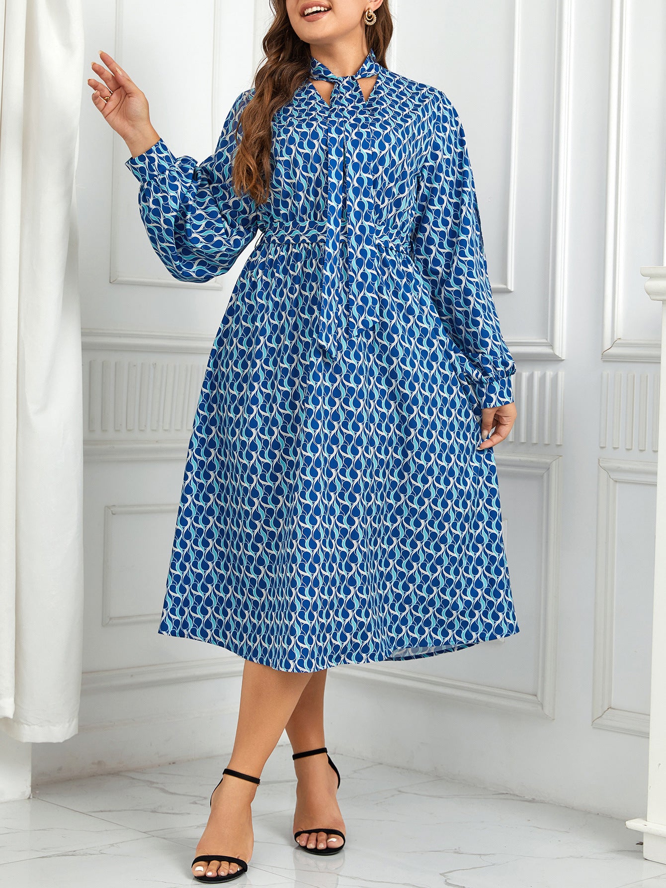 Plus Size High Waist Print Long Puff Sleeve Dress