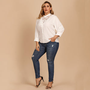 Plus Size Women Stand Collar Solid Color Loose Shirt Lace Stitching Office Long Sleeve Shirt