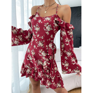 Spring Autumn Printed off Shoulder Dress