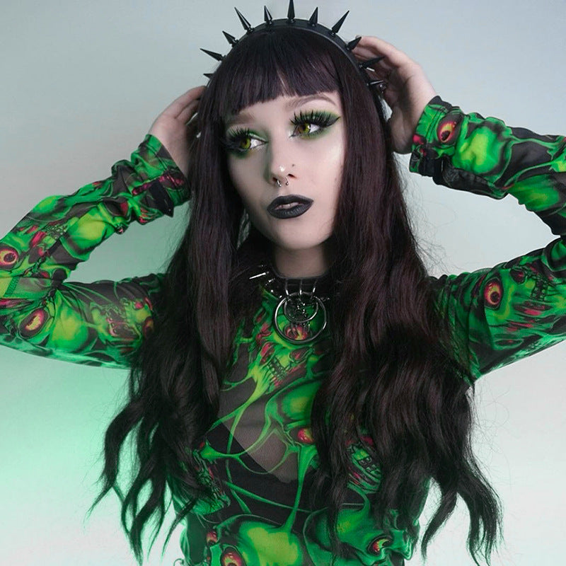 Dark Skull Random Printed Mesh Round Neck Long Sleeve Top Women Clothing