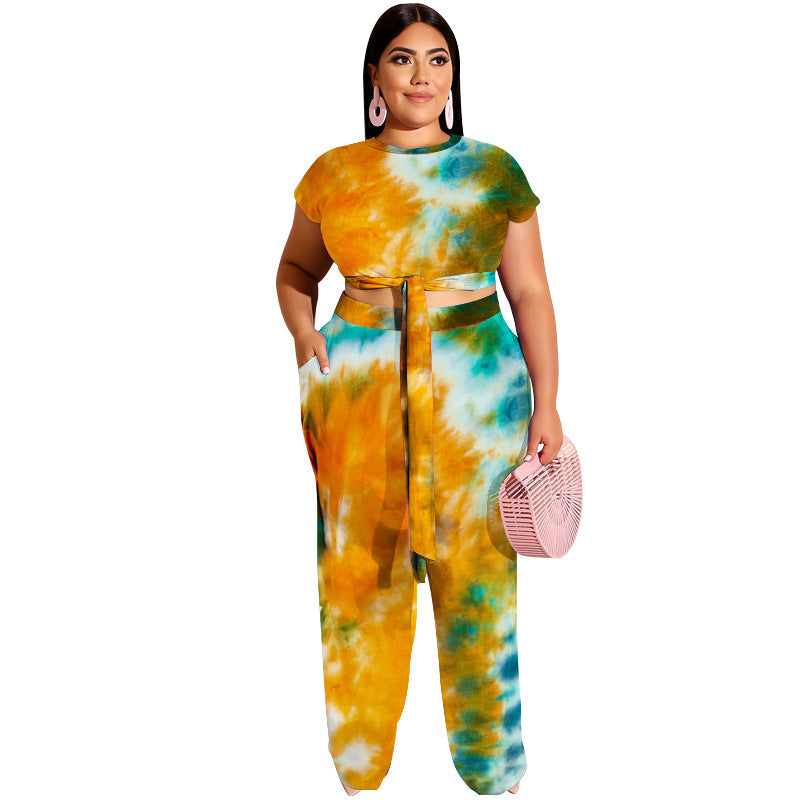 Plus Size Tie-Dye Printed Lace up Casual Set Women Two-Piece Suit