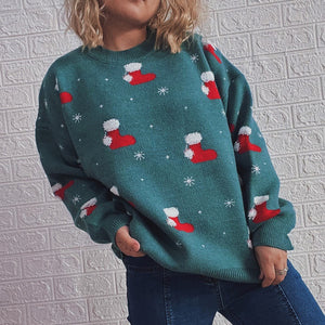 Autumn Winter round Neck Long-Sleeved Year Christmas Sweater Christmas Stockings Jacquard Thickened Pullover for Women