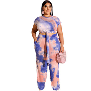 Plus Size Tie-Dye Printed Lace up Casual Set Women Two-Piece Suit