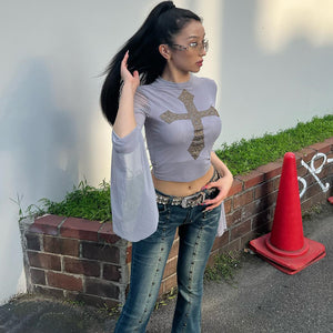 Popular Mesh Drilling Cross Cool Sexy Cropped Long Sleeve Top