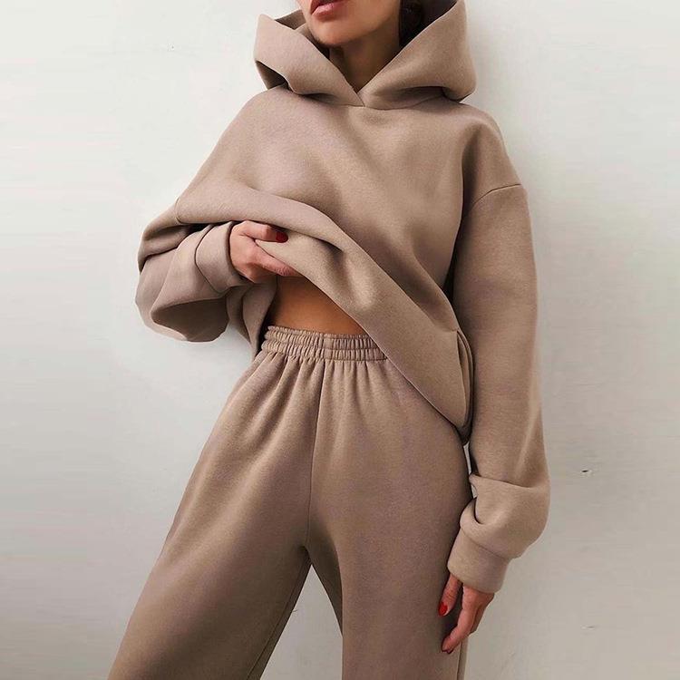 Autumn Winter Women Clothing Solid Color Trousers Thickened Long Sleeve Hooded Sweater Casual Set