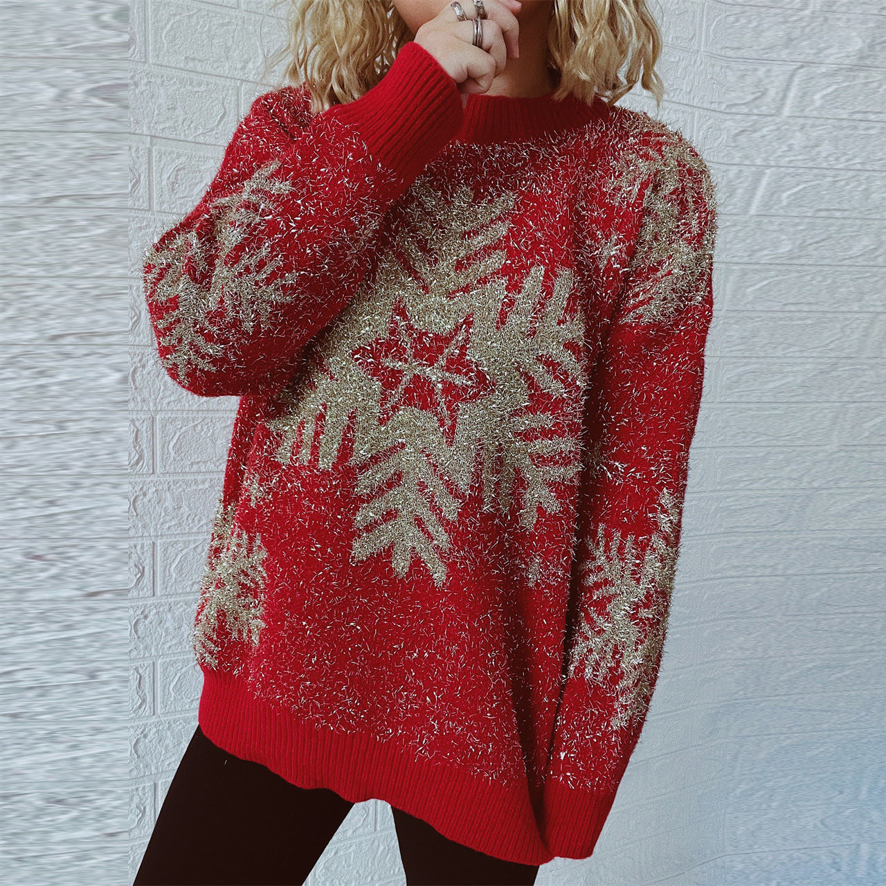 Year Holiday Pullover Gold Thread Brushed Jacquard Large Snowflake Elk Christmas Sweater for Women