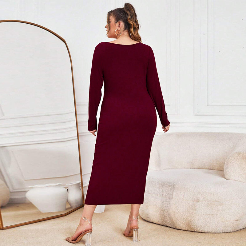 plus Size Women Clothes Autumn Winter Slim Sheath Knitted Dress Sexy V neck Maxi Dress