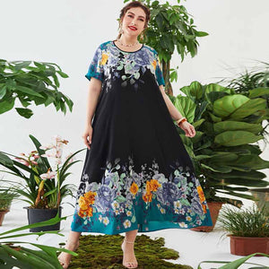Plus Size Maxi Dress Belly Covering V neck Elastic Waist Printed Dress