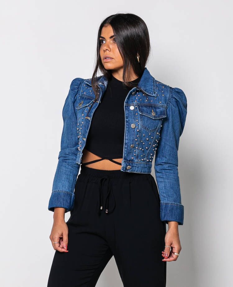 Women Denim Long Sleeve Retro Puff Sleeve Short Beaded Jacket