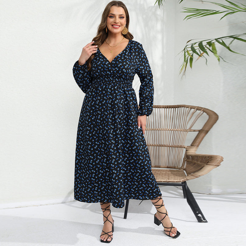 Plus Size Women Clothing Autumn Winter V neck Covering Belly Thin Printed Fashionable Elegant Dress Women