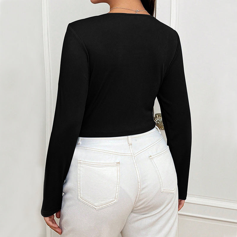 plus Size Women Clothes Office U Neck Long Sleeved T shirt Slim Fit Slimming Inner Solid Color Top