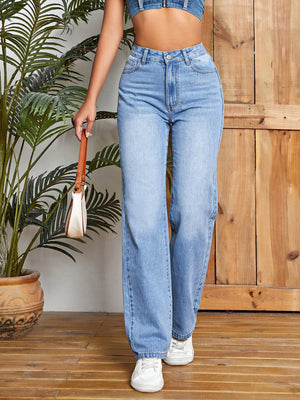 Women Clothing Trendy Thin Looking Casual High Waist Loose Denim Trousers Pocket