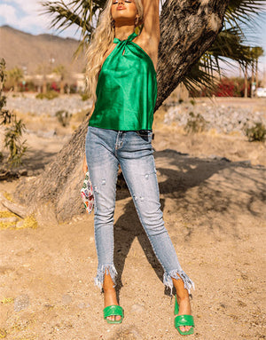 Women Clothing T-shirt New Slim Summer V-neck Sleeveless Satin T-shirt Women Top