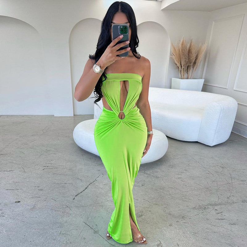 Women Clothing Spring Summer Wrapped Chest Hollow Out Cutout Backless Office Dress