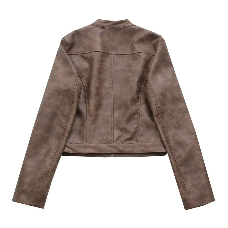 Women Clothing French All Match Stand Collar Short Slim Casual Faux Leather Jacket Jacket