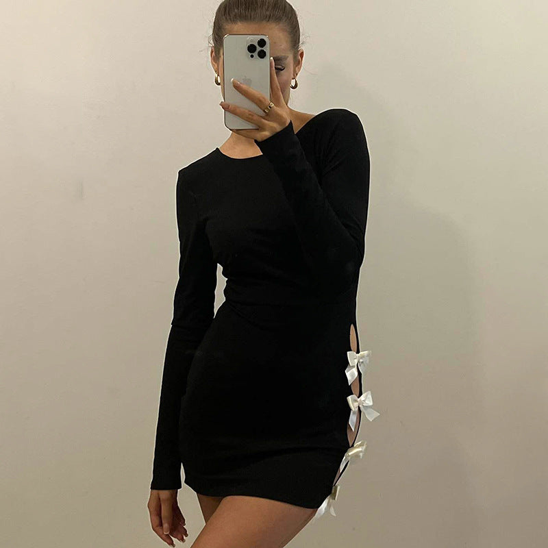 Women Clothing Autumn Winter Long Sleeve Slim Fit Bow Hollow Out Cutout Dress