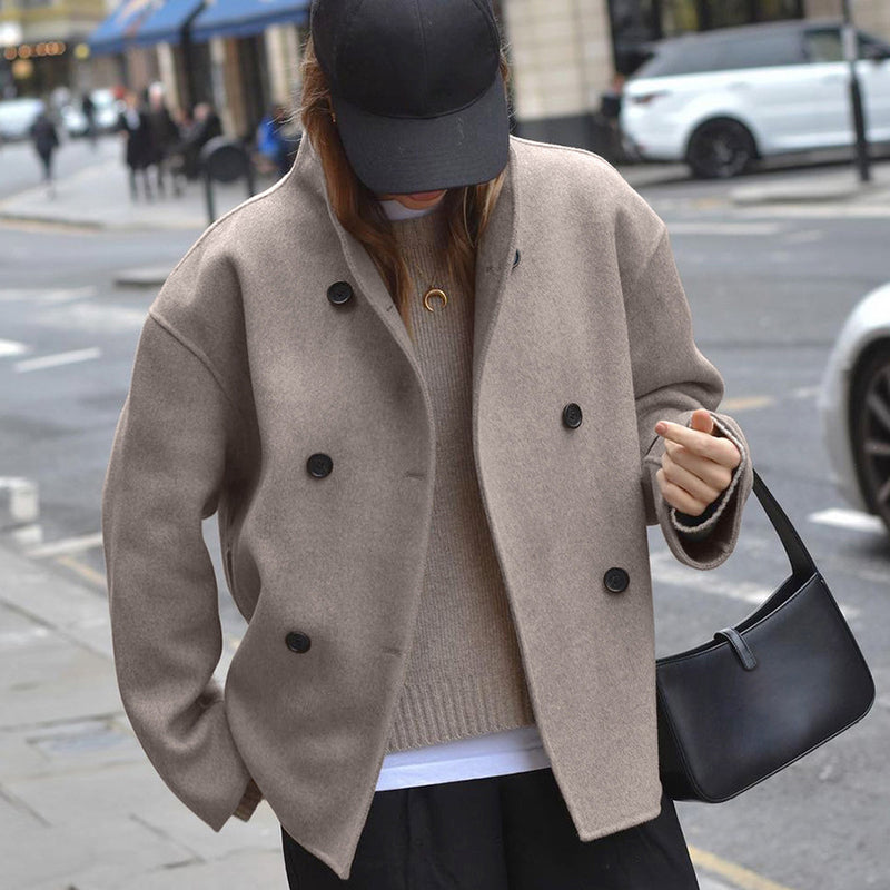 Brown French V neck Double Breasted Woolen Coat Autumn Autumn Winter Women Clothing