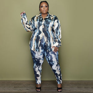 Plus Size Glossy Shirt Long Sleeve Digital Printed Pants Suit Two-Piece Set