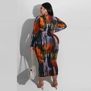 Plus Size Women Clothing Summer New Printed round Neck Fit Long Sleeve Dress