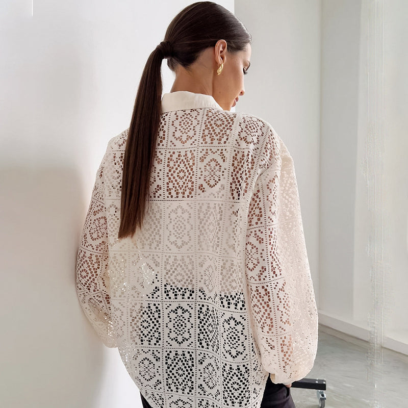Lace Hollow Out Cutout Shirt Office Women's Clothing Design Long Sleeve Shirt Women