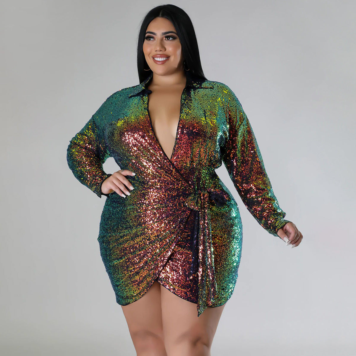 Plus Size Sexy Sequined Gilding Nightclub Long Sleeve Lace up Dress Women